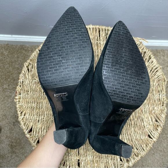 SCHUTZ Slouchy Booties Womens Size 8 Black Suede Heeled Boots Staple Classy Chic - Picture 8 of 10